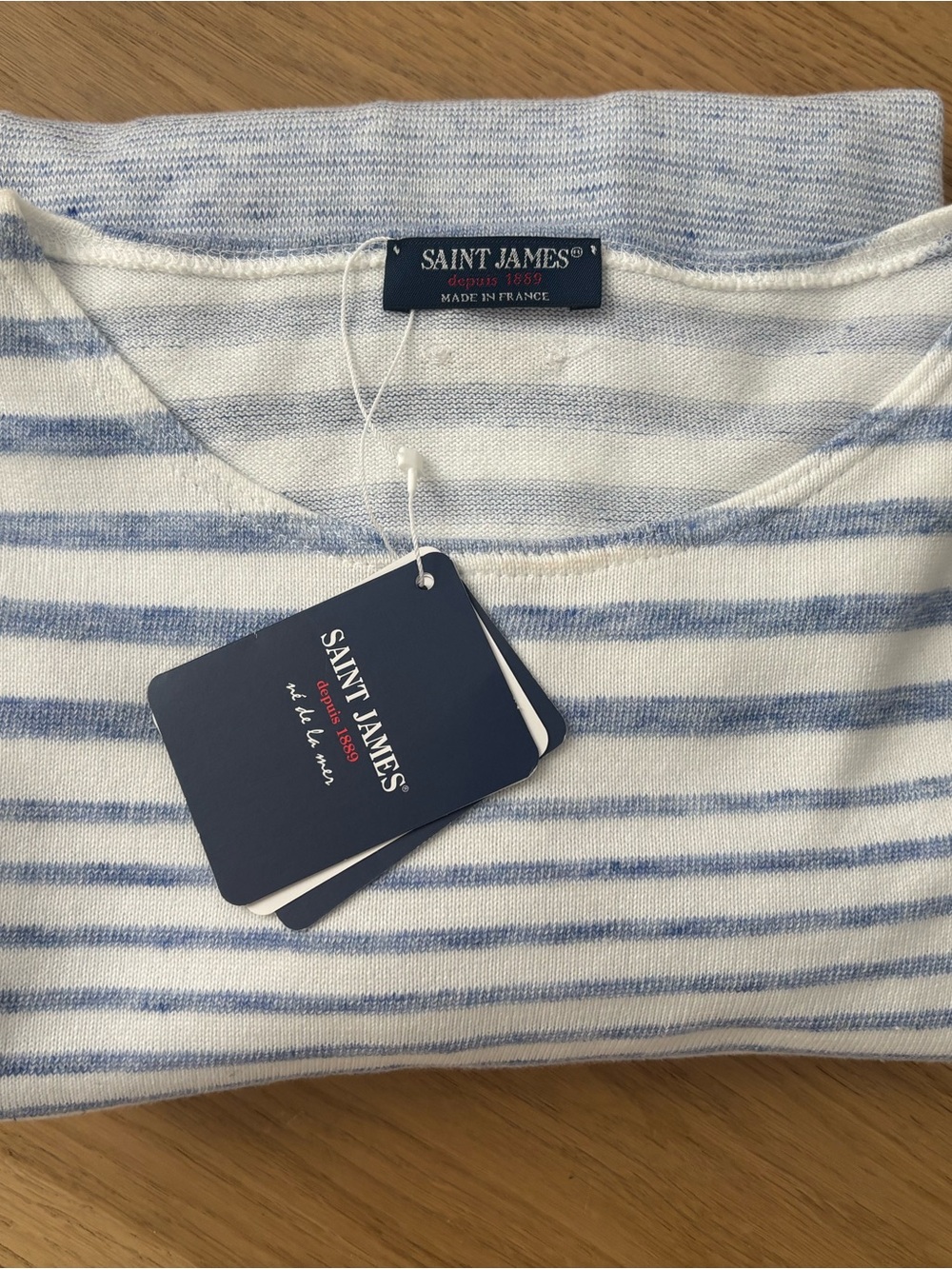 Saint James White & Light Blue Striped Crewneck Sweater